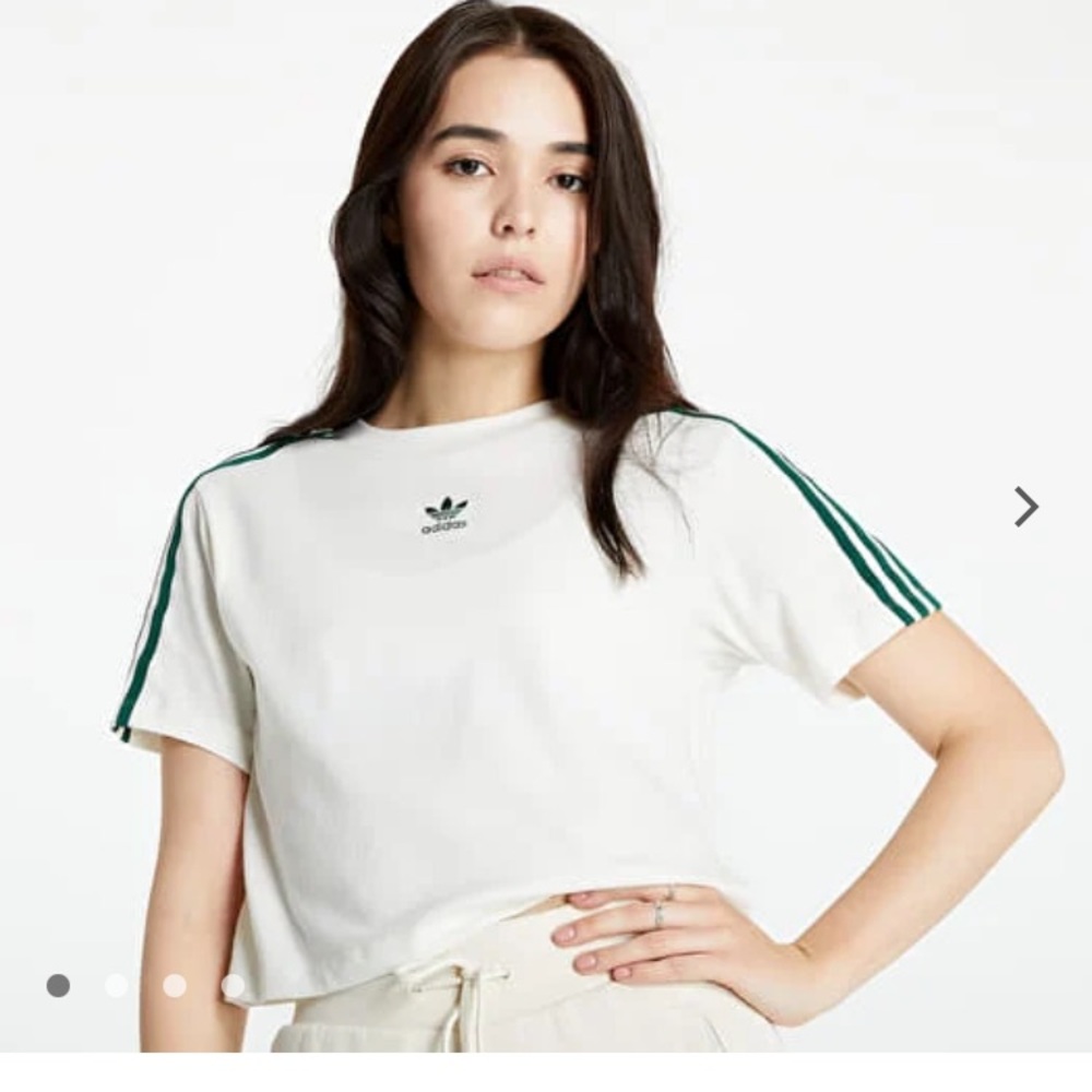 ADIDAS White Crop Tee with Green Shoulder Stripes 100% Cotton